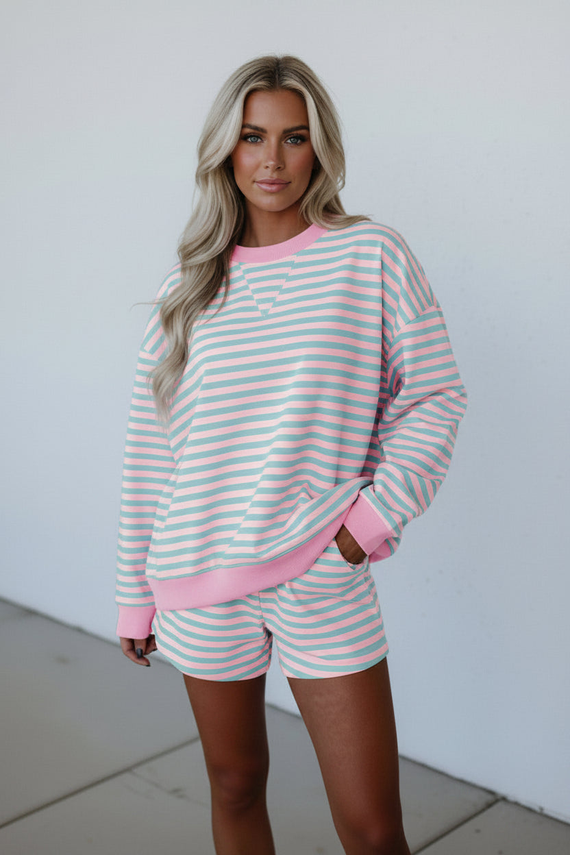 pink and blue striped set with pockets 