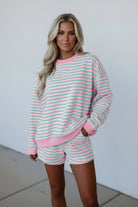 pink and blue striped set with pockets 