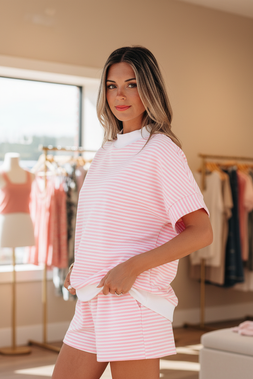 Blonde model in pink and white stripe ribbed two-piece short set with white contrast mock neck collar, hands on hips side angle, Thread Bar Boutique