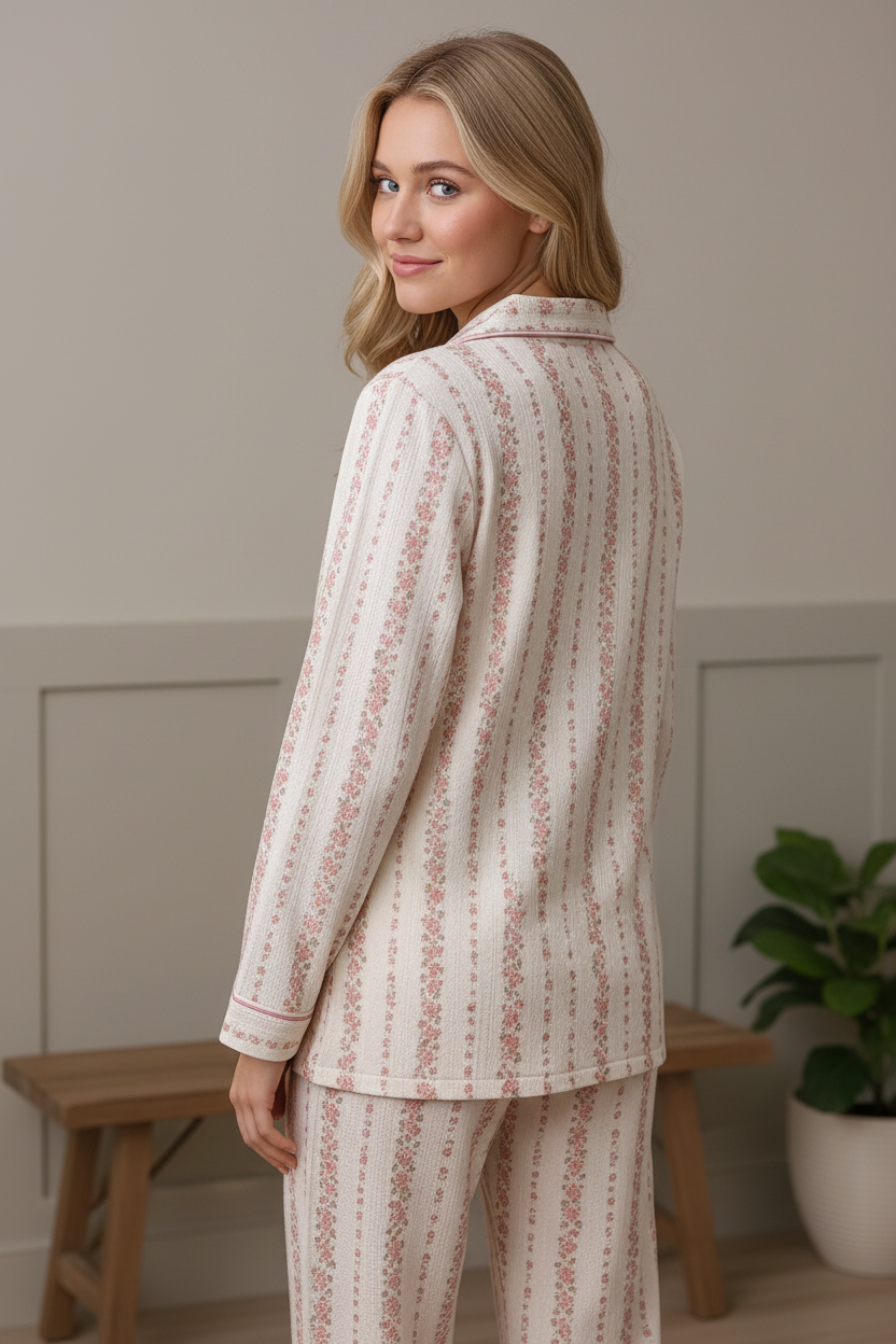 Back view of pink floral stripe cotton pajama set showing button shirt detail and relaxed straight-leg pajama pants, 