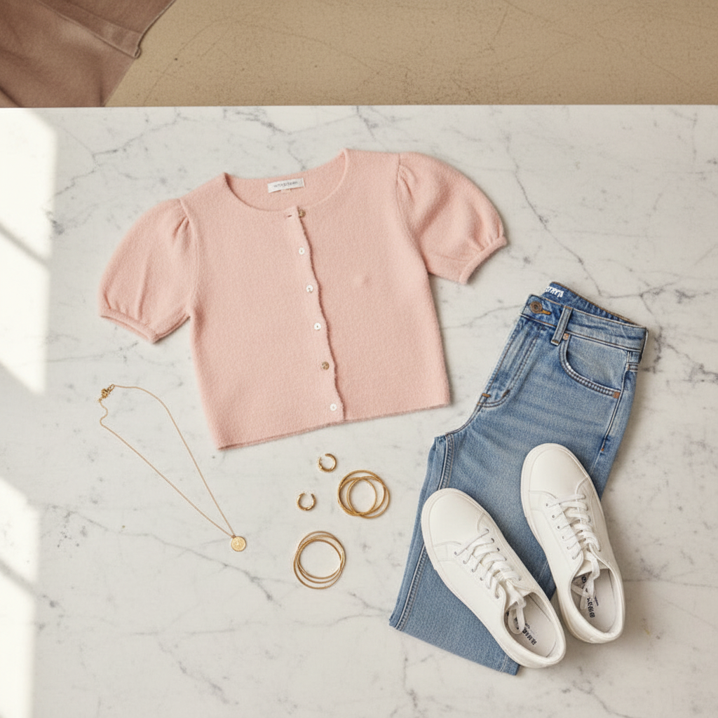 Chic pink puff sleeve sweater cardigan with short sleeves and comfortable knit fabric for layering fLat lay