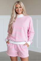 Pink striped oversized mock neck sweatshirt and matching shorts two-piece set