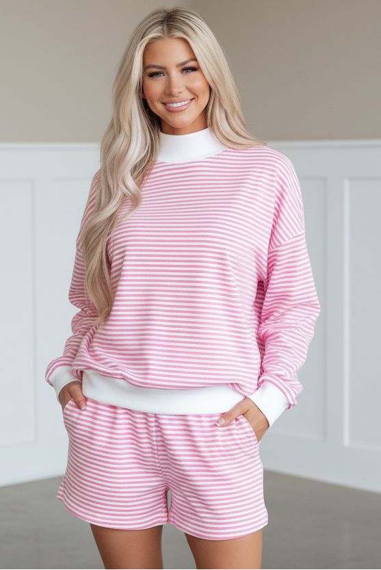 Pink striped oversized mock neck sweatshirt and matching shorts two-piece set