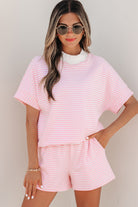Pink striped mock neck tee and shorts set for women from Thread Bar Boutique