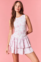 Pink floral activewear romper dress with built-in shorts