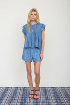 Blue pintuck denim top with ruffle sleeves and front pintuck detai and matching denim shorts denim matching set