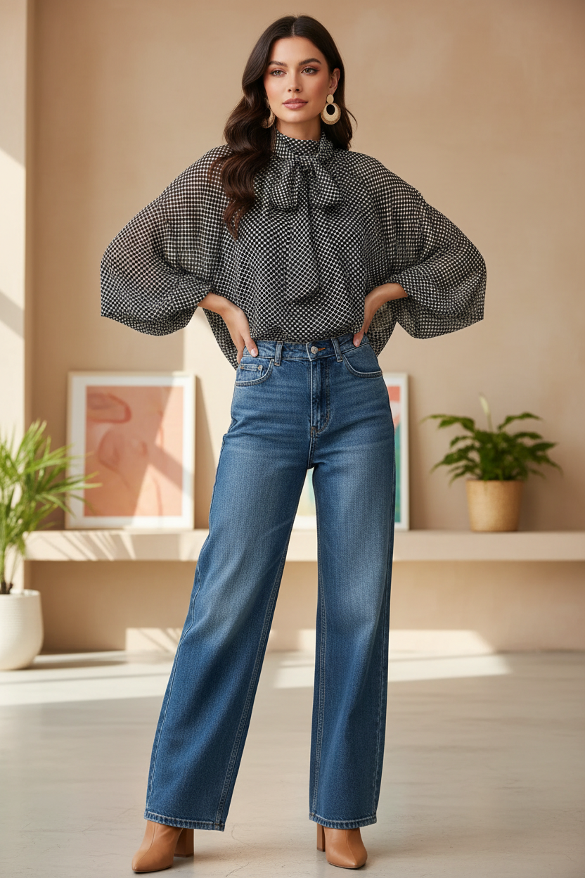 Umgee black polka dot tie neck long sleeve blouse with oversized balloon sleeves and self-tie bow, styled with wide-leg dark wash jeans and tan block heels, boutique women's top at Thread Bar Boutique