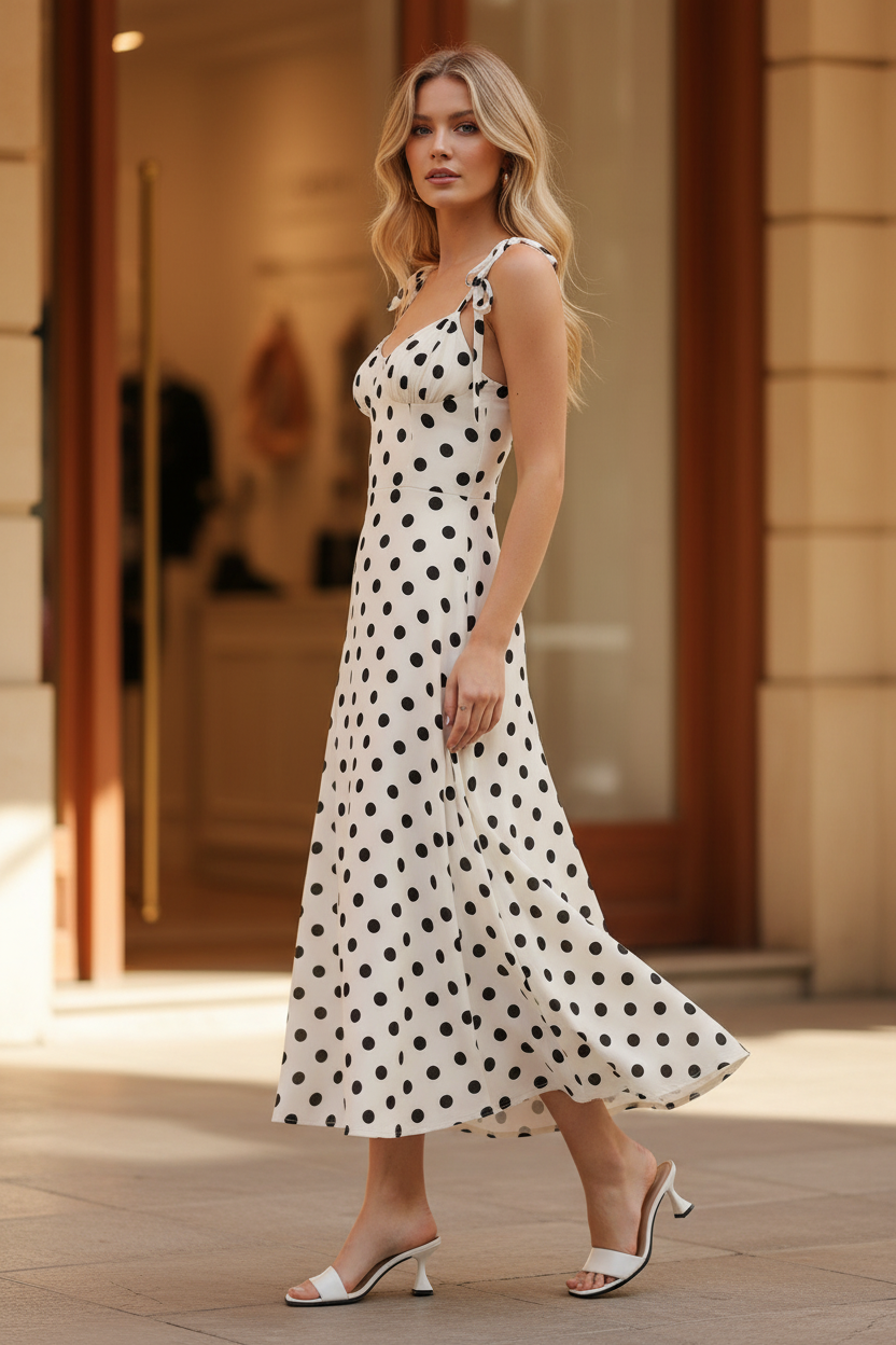 Women’s cream polka dot maxi dress styled for garden party Thread Bar Boutique maxi dress