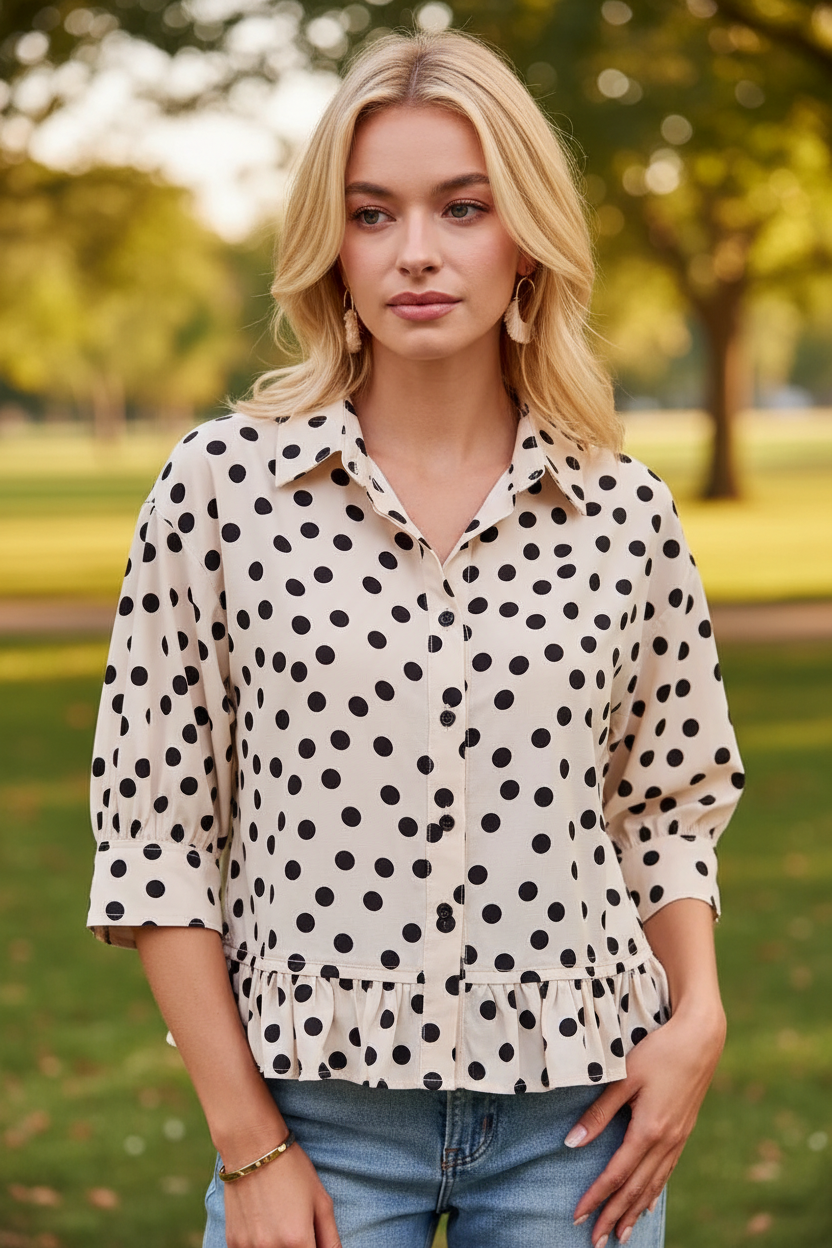 Close-up of polka dot peplum top front button detail and retro black and white print — Thread Bar Boutique