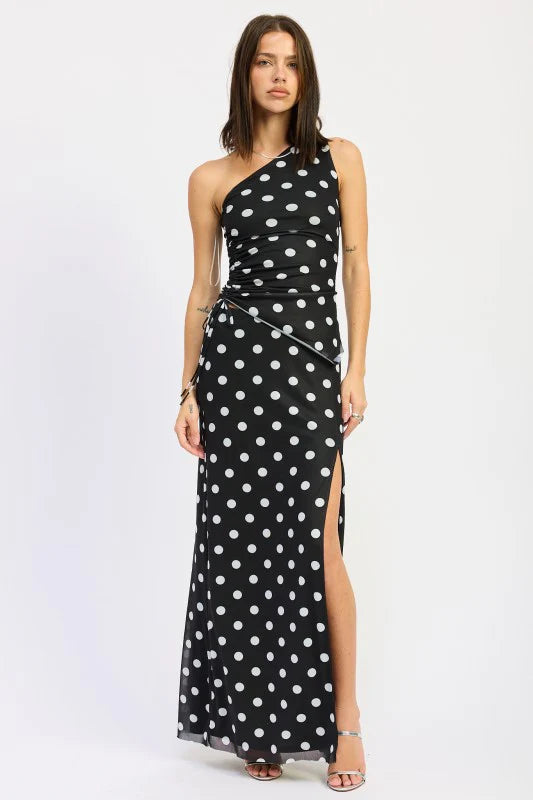 Women’s polka dot maxi skirt with front slit made in the USA matching shirt available also at thread bar boutiquw