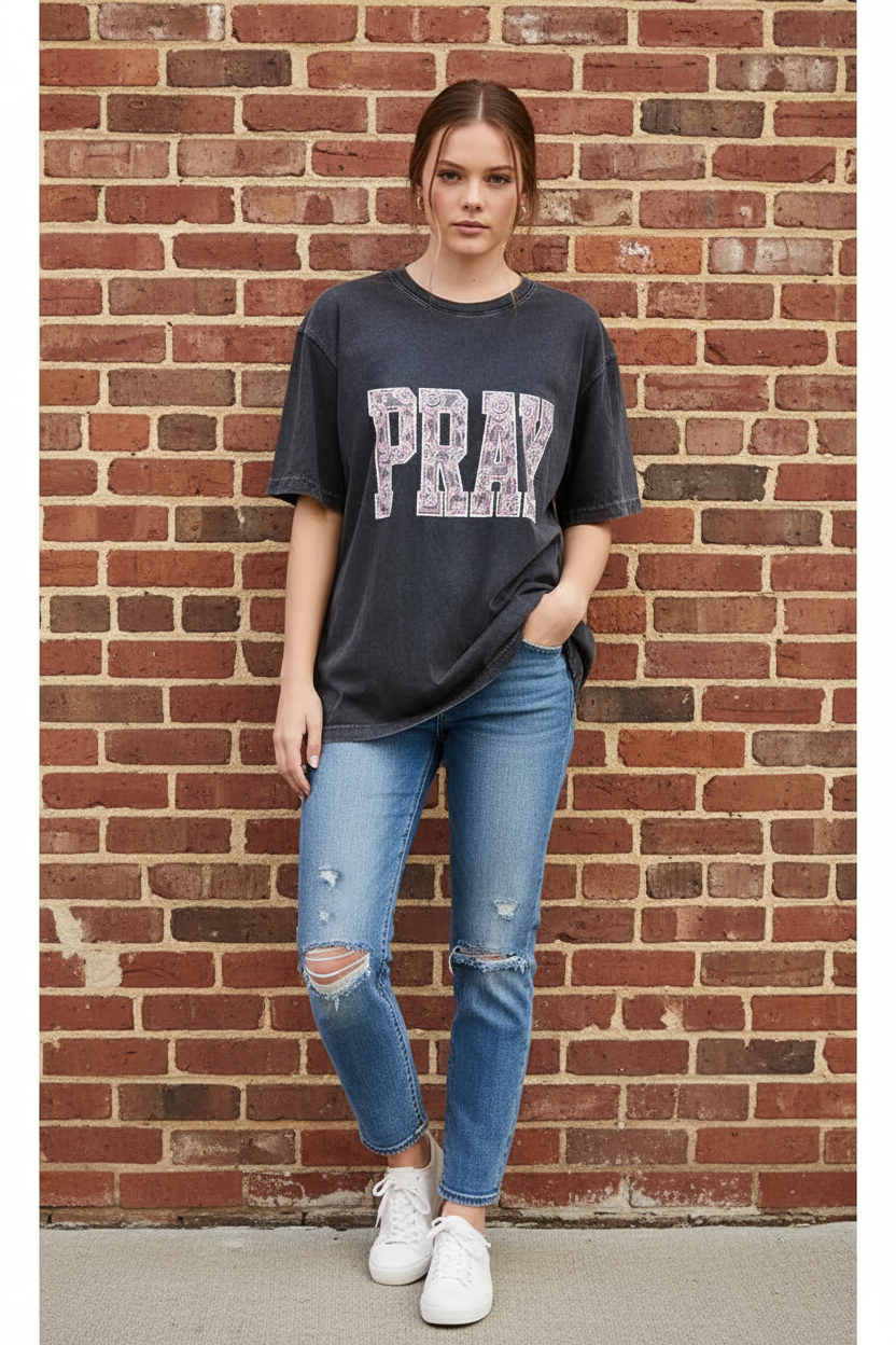 Thread Bar Boutique charcoal mineral wash oversized graphic tee with PRAY puff print lettering and relaxed boyfriend fit by Zutter.