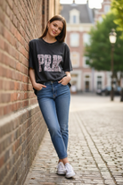 Thread Bar Boutique faith graphic PRAY boyfriend tee with oversized fit, mineral wash cotton fabric, and lace-style puff print design.