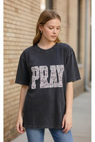Faith-inspired PRAY graphic oversized boyfriend t-shirt from Thread Bar Boutique by Zutter with embroidered outline and charcoal mineral wash cotton.
