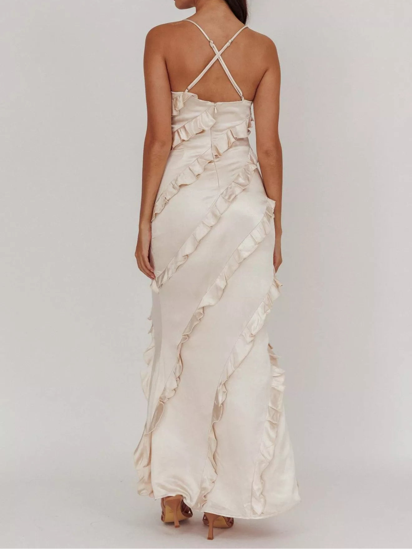 rear view Ruffled spaghetti strap maxi dress with flowy silhouette, lightweight fabric, and feminine drape