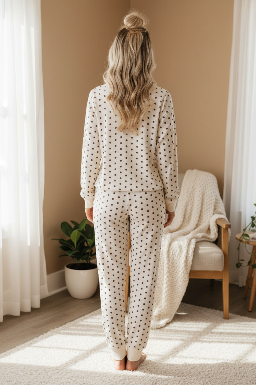 Back view of white polka dot waffle knit lounge set showing full length jogger pants and relaxed fit — Thread Bar Boutique