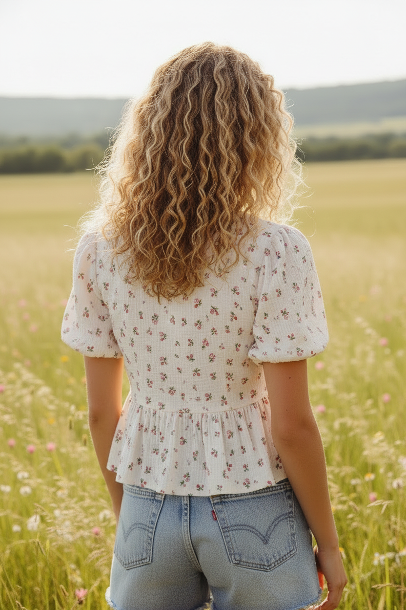 Women’s floral gauze blouse with a soft tie-front design, breezy cotton fabric, and a flowy silhouette for an effortless, romantic look