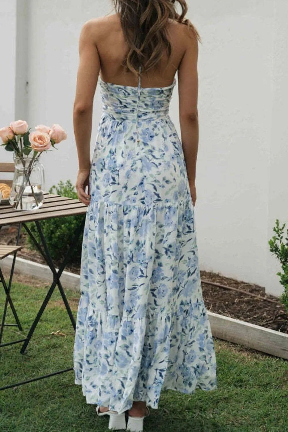 Thread Bar Boutique halter neck midi dress with ruched bodice, tie back, and concealed zipper in soft light blue