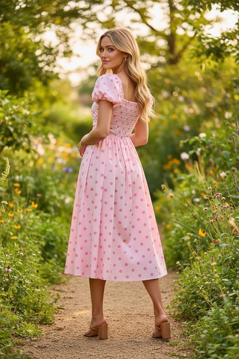 Pink polka dot cotton dress with pleated midi skirt and side pockets