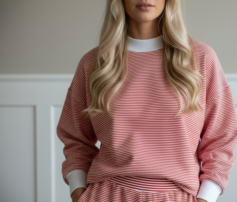 Red striped cotton blend sweatshirt and shorts set for casual spring style