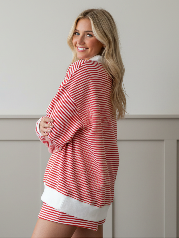 Women’s red striped sweatshirt and shorts set with relaxed oversized fit Stripe Set - 3/4 Angle