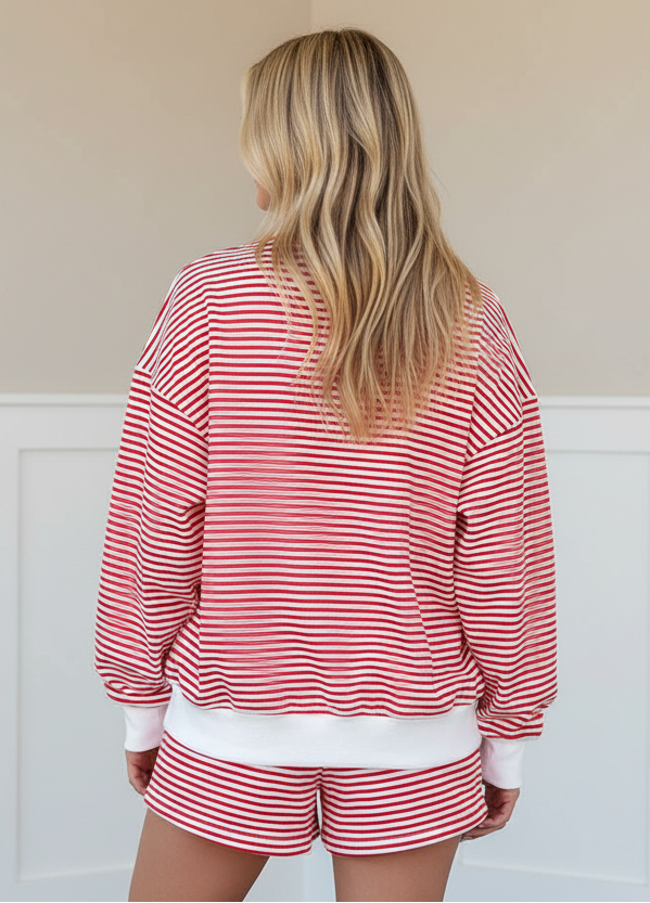 Red stripe matching sweatshirt and shorts outfit for women
