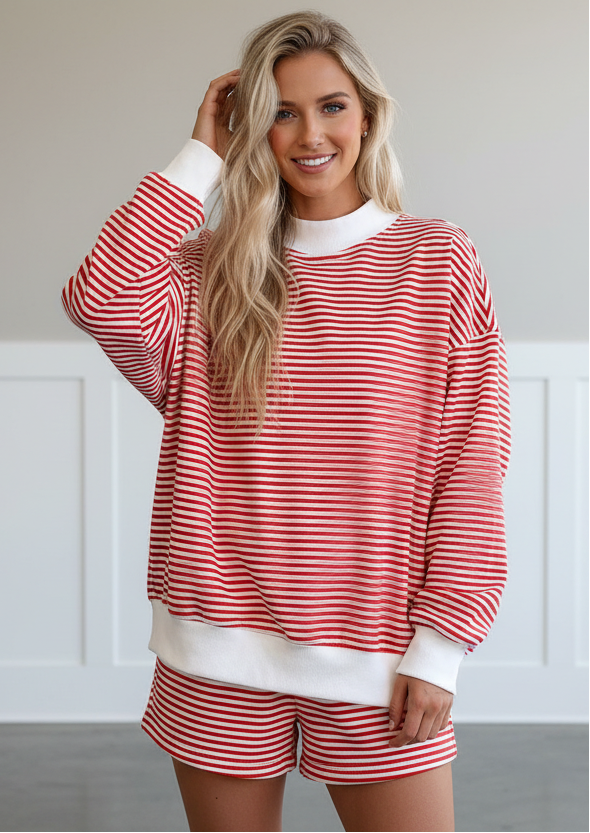 Red striped oversized mock neck sweatshirt and matching shorts two-piece set