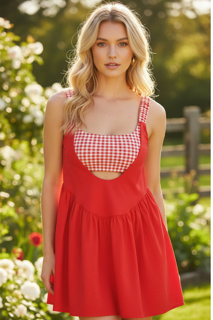Women's gingham active dress with built-in bra and shorts, layered athletic mini dress for tennis, pickleball, workouts, and everyday casual wear.