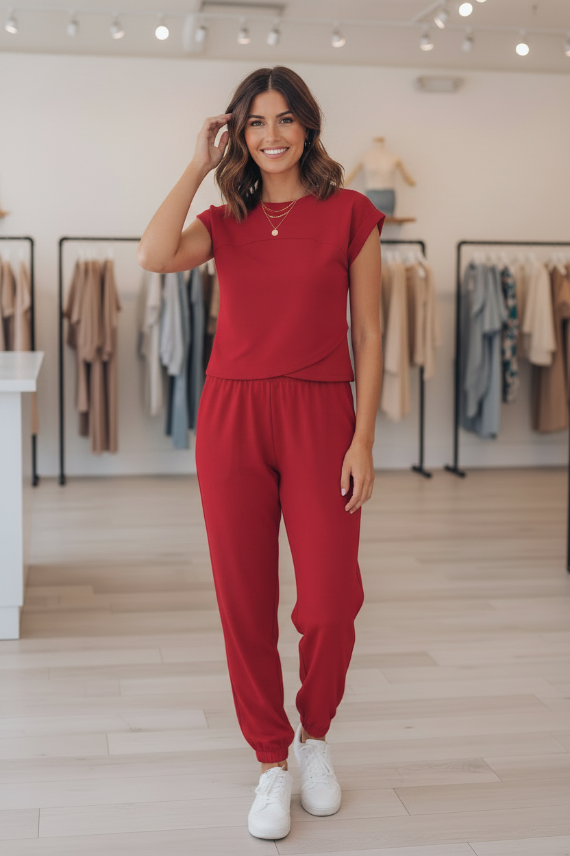 Red crossover set with cropped cap sleeve top and relaxed jogger pants