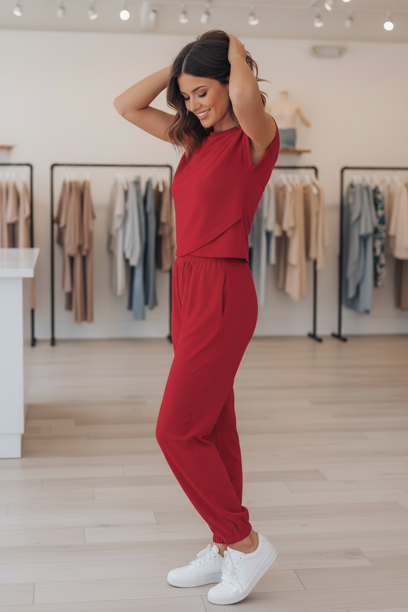 Soft cotton blend red crossover set with cropped top and elastic waistband bottoms
