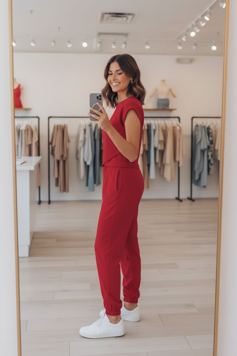 Women’s crossover lounge set in red with crossed hem crop top and joggers
