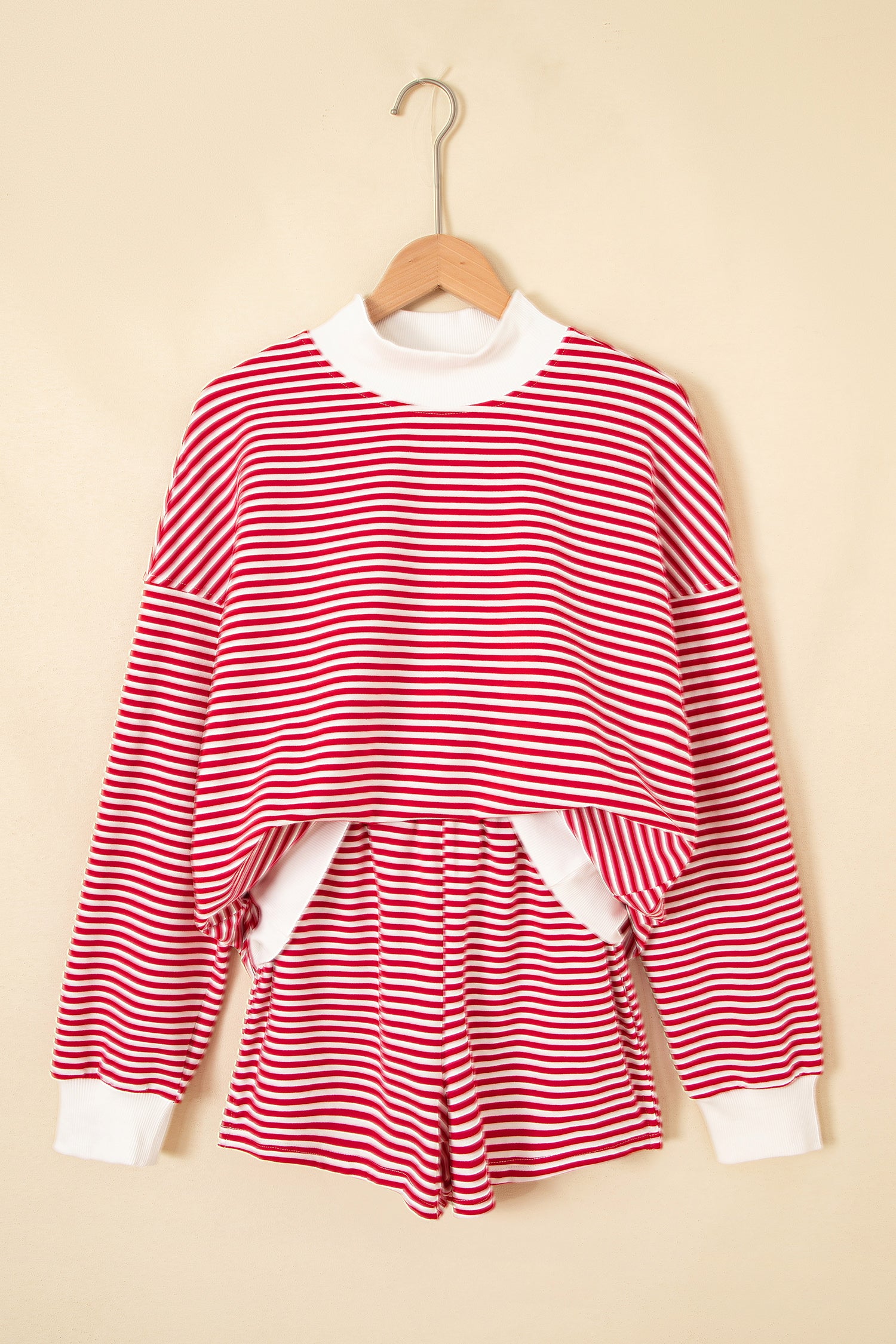 Red striped casual two-piece set with mock neck sweatshirt and pull-on shorts