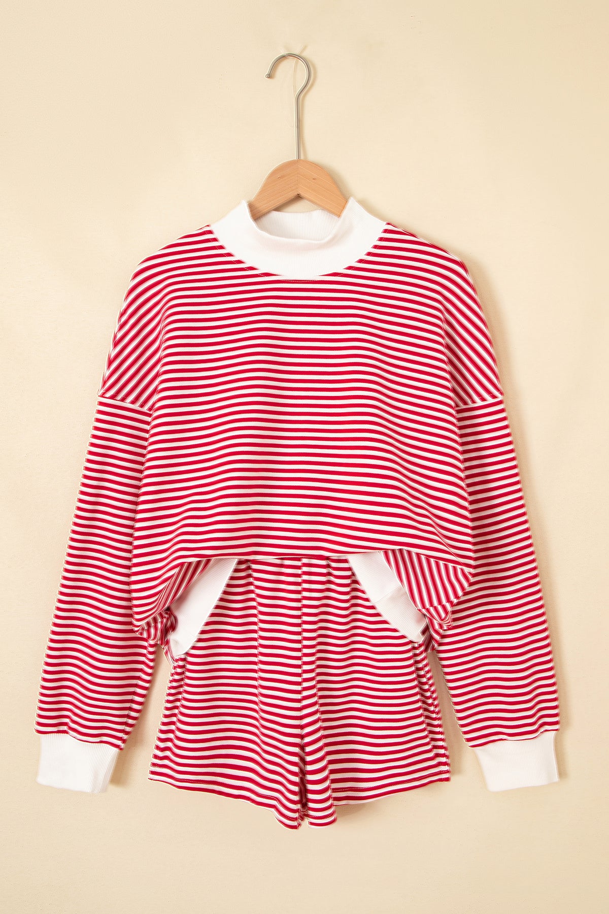 Red striped casual two-piece set with mock neck sweatshirt and pull-on shorts