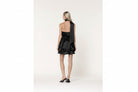 One-shoulder event dress with ruffle accent and waist cinch rear