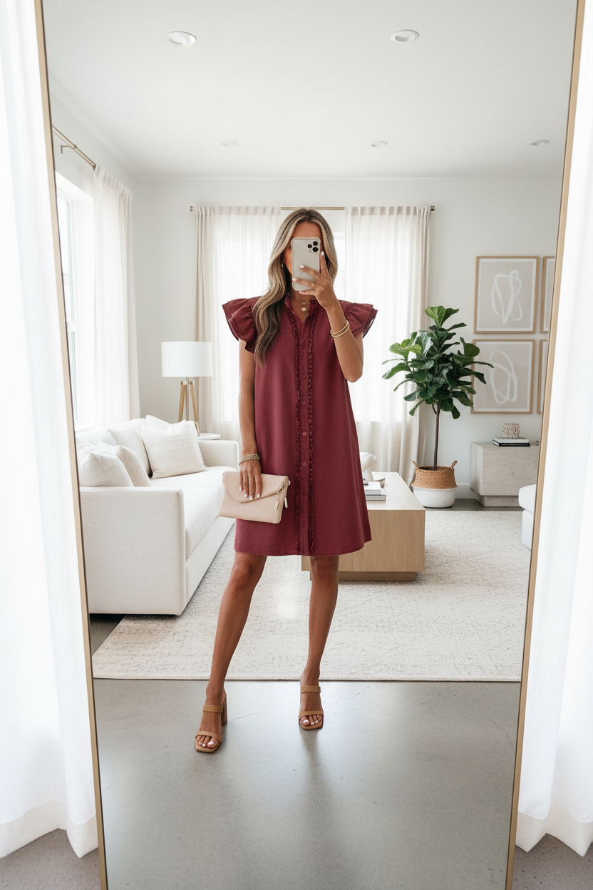 Women’s wine denim mini dress with relaxed H-line fit, ruffle sleeves, and side pockets