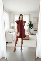 Women’s wine denim mini dress with relaxed H-line fit, ruffle sleeves, and side pockets