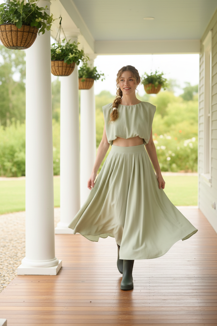 Sage green set on porch - walking across