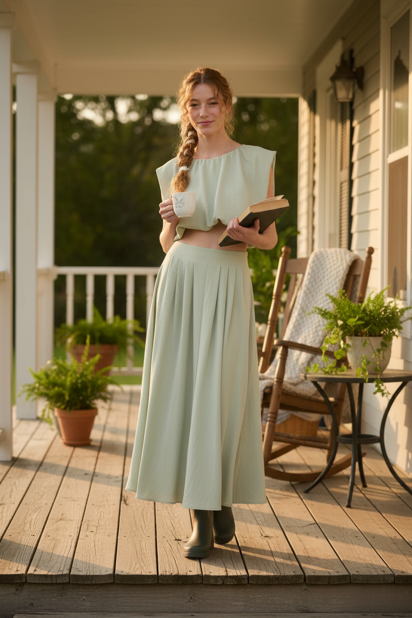 Sage green set on porch - with coffee/book