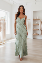Ruffled Spaghetti Strap Maxi Dress in Sage 