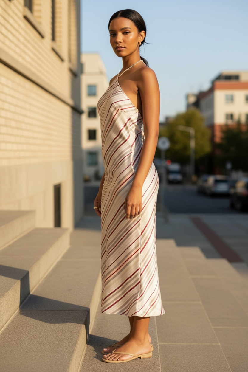 Elegant satin halter dress with open back and diagonal stripe print in grey berry tones