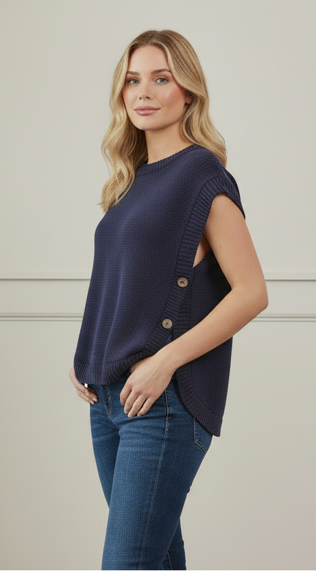 Side Button Sweater Vest - Three Quarter