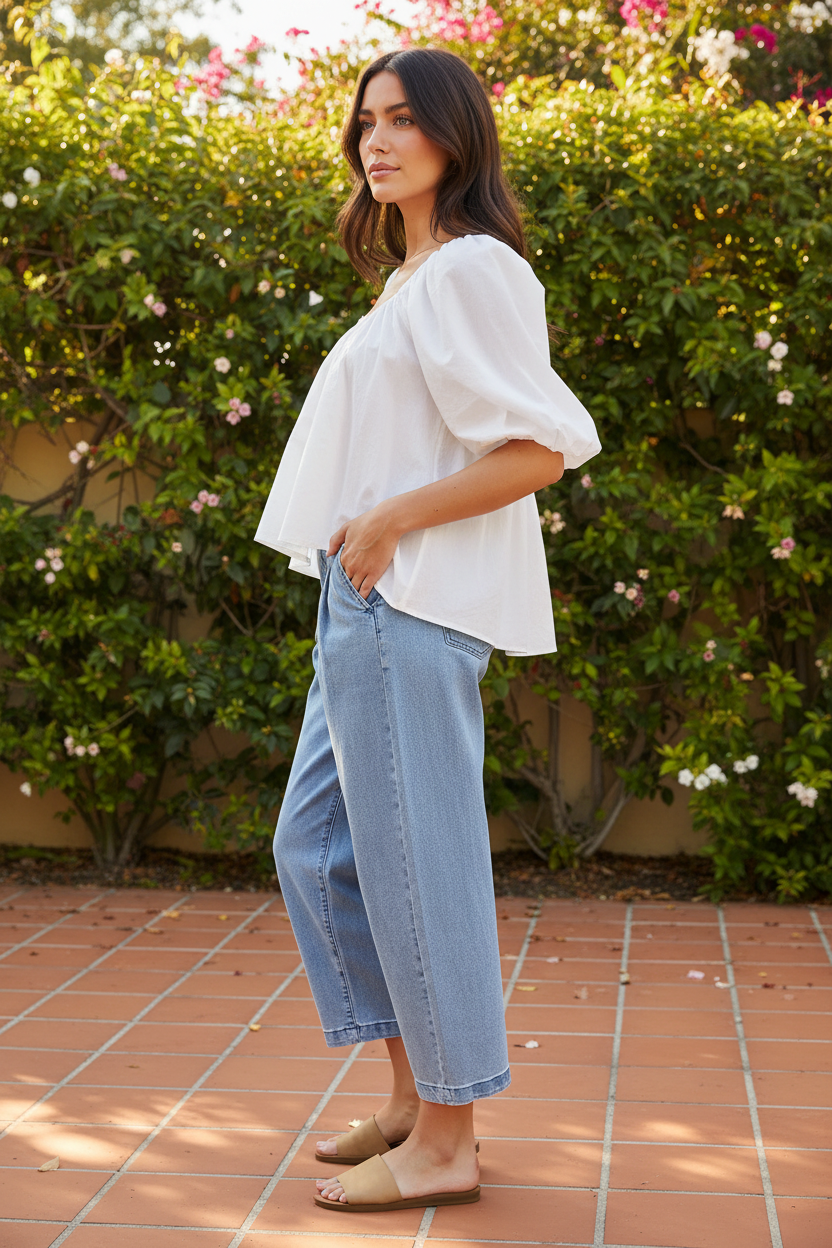 Side profile Risen medium wash slouchy crop barrel pleated jeans. Slight stretch, sizes 0–15, tailored pleated detail. Modern vintage denim at Thread Bar Boutique.