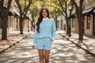 Sky blue stripe lounge set with oversized mock neck sweatshirt and matching shorts, soft cotton blend for a relaxed, comfy fit