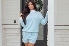Cozy sky blue stripe matching set with relaxed mock neck top and breathable shorts, designed for effortless everyday style