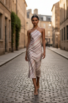 Satin halter midi dress with grey berry diagonal stripe print and open back detail