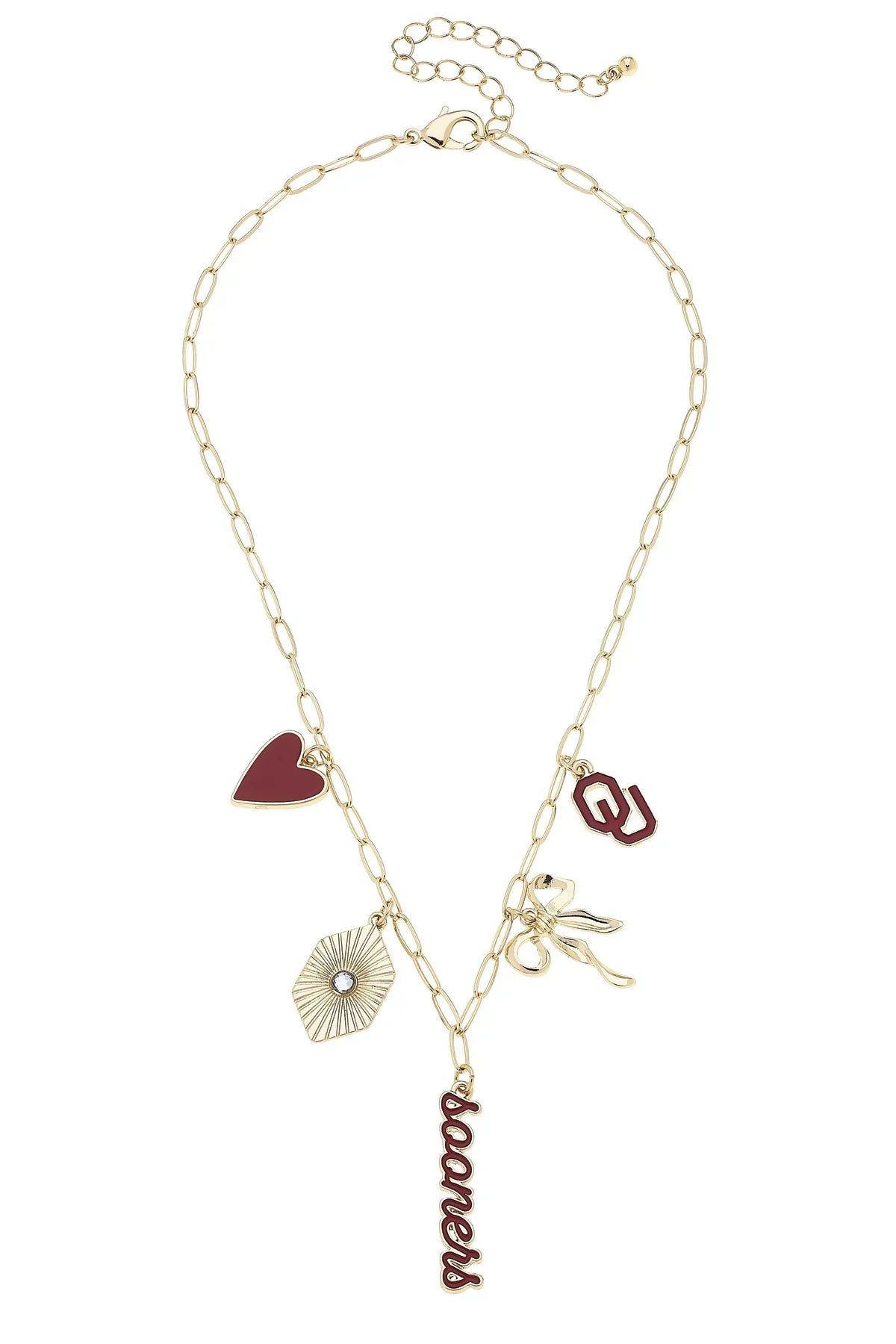 Oklahoma Sooners charm necklace with gold paperclip chain, featuring crimson heart, OU logo, bow, and “Sooners” script charms in 18K triple plated gold