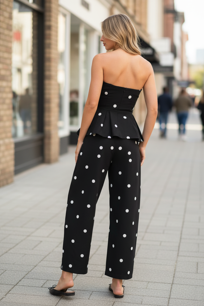 peplum strapless  peplum top black and white polka dot coordinating set with barrel pants