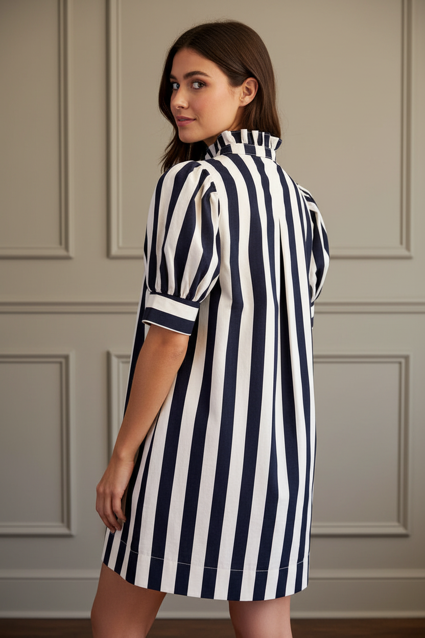 Women’s striped mini dress with puff sleeves, ruffle trim, button front and side pockets from Thread Bar Boutique