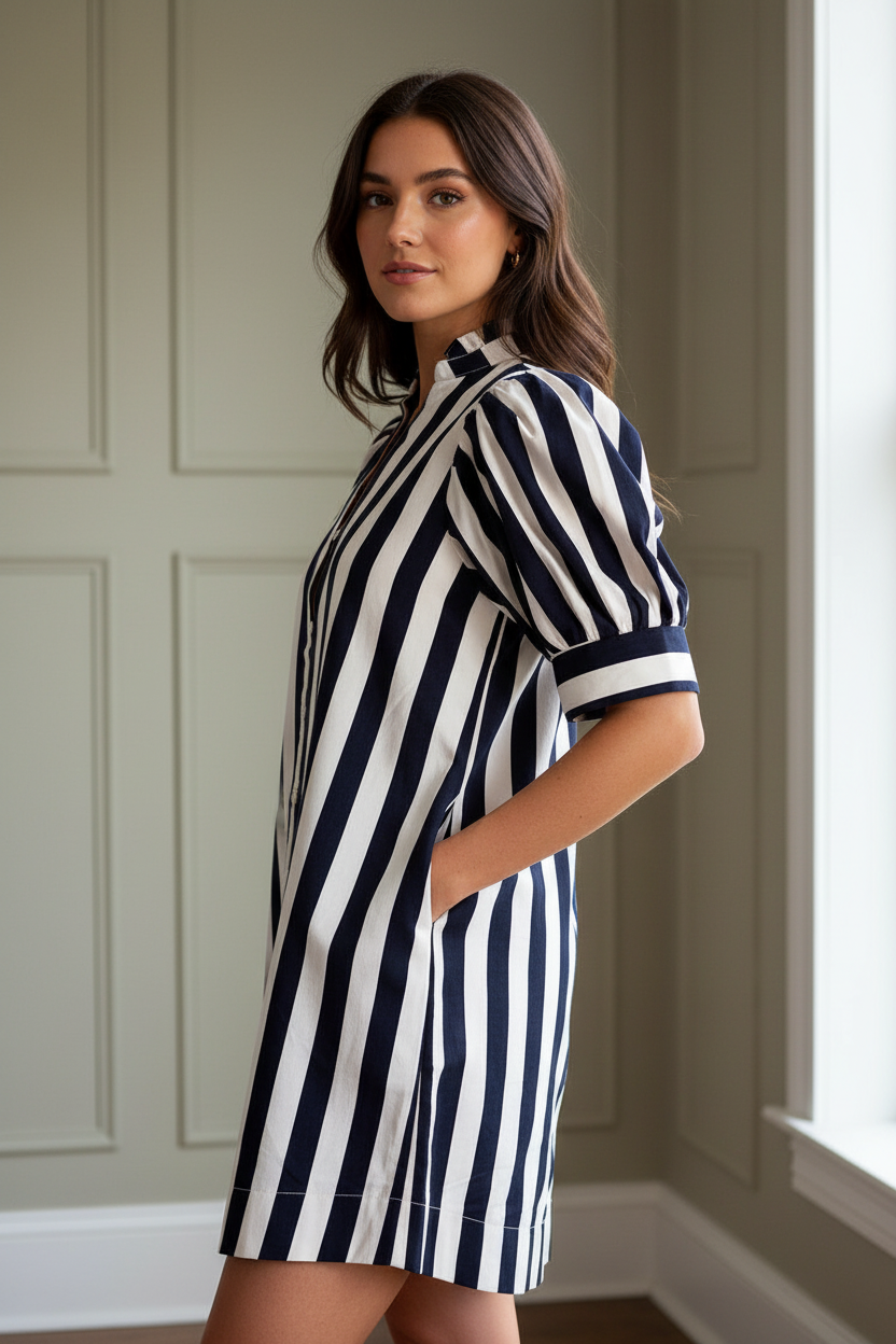 Relaxed striped mini dress for women featuring puff sleeves, ruffle trim and 100% cotton fabric from Thread Bar Boutique