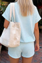 Sky blue stripe casual two-piece set for women with relaxed tee and shorts from Thread Bar Boutique