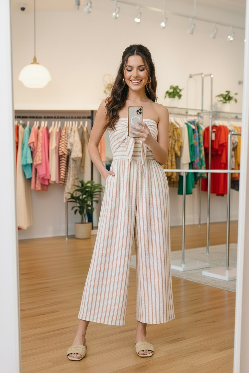 Lightweight striped jumpsuit with strapless bodice, pull-on waist, and comfortable stretch